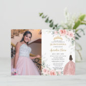 Blush Pink Floral Princess Rose Gold Quinceañera Invitation (Standing Front)