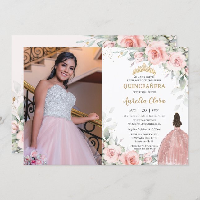 Blush Pink Floral Princess Rose Gold Quinceañera Invitation (Front/Back)