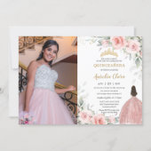 Blush Pink Floral Princess Rose Gold Quinceañera Invitation (Front)