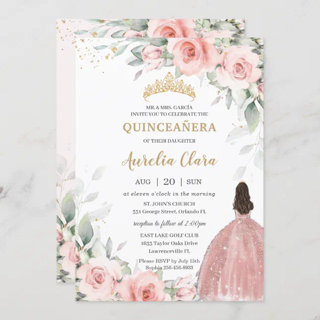 Blush Pink Floral Princess Rose Gold Quinceañera Invitation | Zazzle