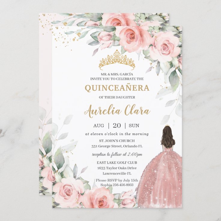 Blush Pink Floral Princess Rose Gold Quinceañera Invitation | Zazzle