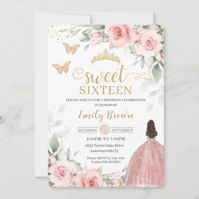 Blush Pink Floral Princess Rose Gold Sweet Sixteen Invitation (Front)