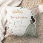 Blush Pink Floral Princess Sage Dress Quinceañera Throw Pillow<br><div class="desc">Personalize this elegant blush floral Quinceañera / Sweet 16 birthday throw pillow easily and quickly. Simply click the Edit Using Design Tools button to further edit the texts, change fonts and fonts colors. Featuring soft watercolor blush flowers, a girl dressed in a lovely sage green ball gown and a gold...</div>