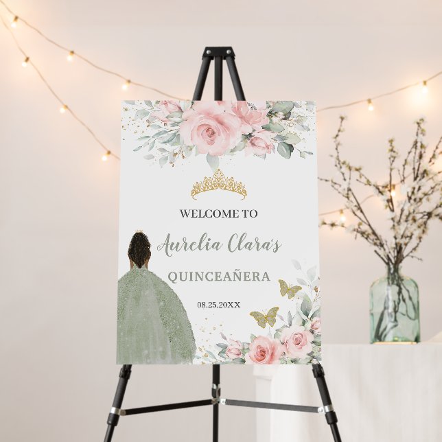 Blush Pink Floral Princess Sage Green Quinceañera  Foam Board (In Situ (Stand))