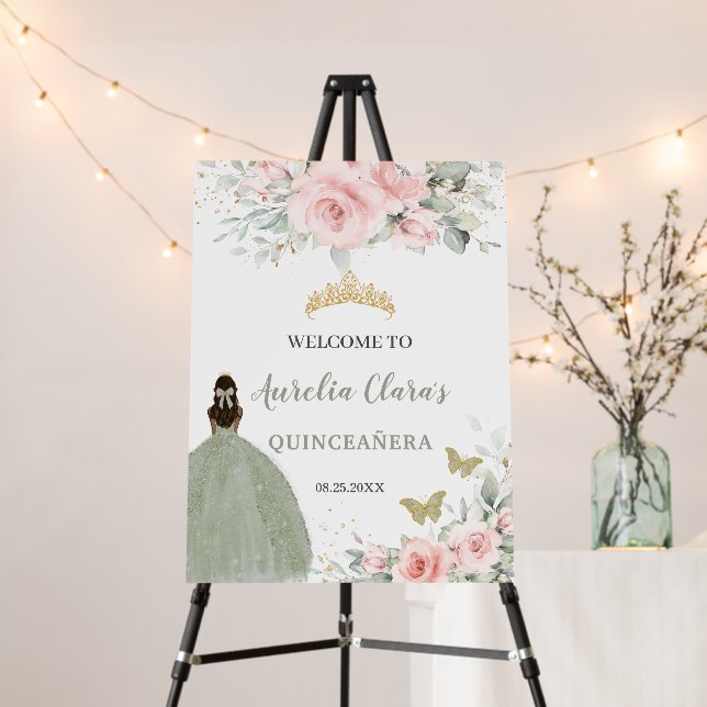 Blush Pink Floral Princess Sage Green Quinceañera  Foam Board (In Situ (Stand))