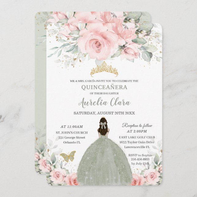 Blush Pink Floral Princess Sage Green Quinceañera Invitation (Front/Back)