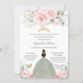 Blush Pink Floral Princess Sage Green Quinceañera Invitation (Front)