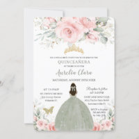 Chic Sage Green Baby Pink Floral Gold Quinceañera Invitation