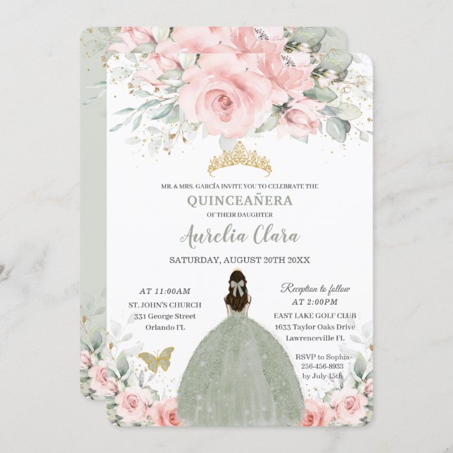 Blush Pink Floral Princess Sage Green Quinceañera Invitation (Front/Back)