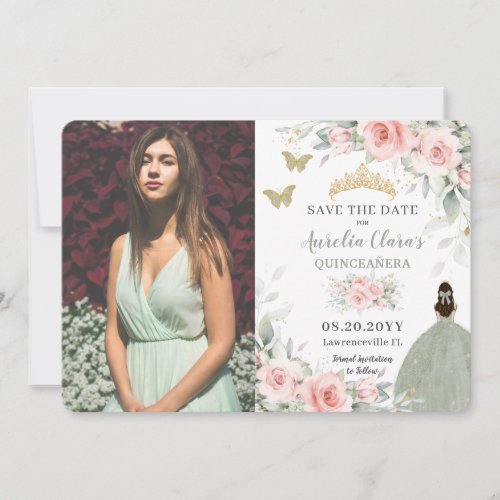 Blush Pink Floral Princess Sage Green Quinceaera  Save The Date