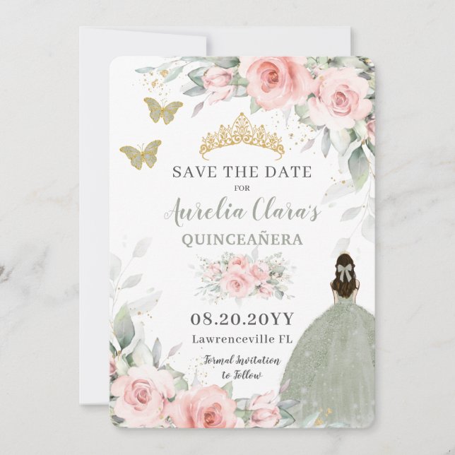 Blush Pink Floral Princess Sage Green Quinceañera  Save The Date (Front)