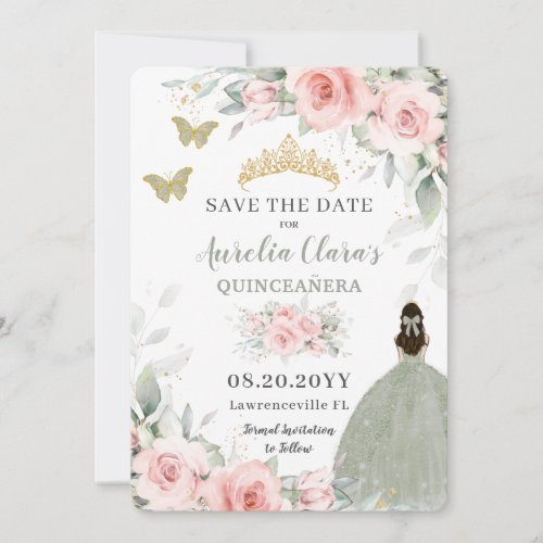 Blush Pink Floral Princess Sage Green Quinceaera  Save The Date