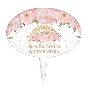 Blush Pink Floral Princess Tiara Crown QUINCEAÑERA Cake Topper