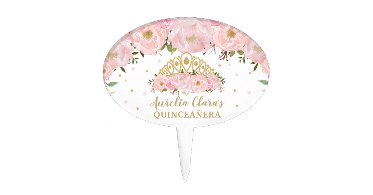 Blush Pink Floral Princess Tiara Crown QUINCEAÑERA Cake Topper | Zazzle