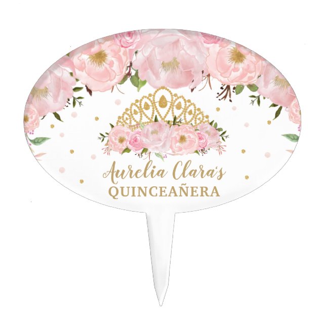 Blush Pink Floral Princess Tiara Crown QUINCEAÑERA Cake Topper (Front)