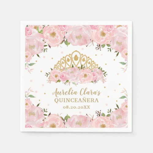 Blush Pink Floral Princess Tiara Crown QUINCEAERA Napkins