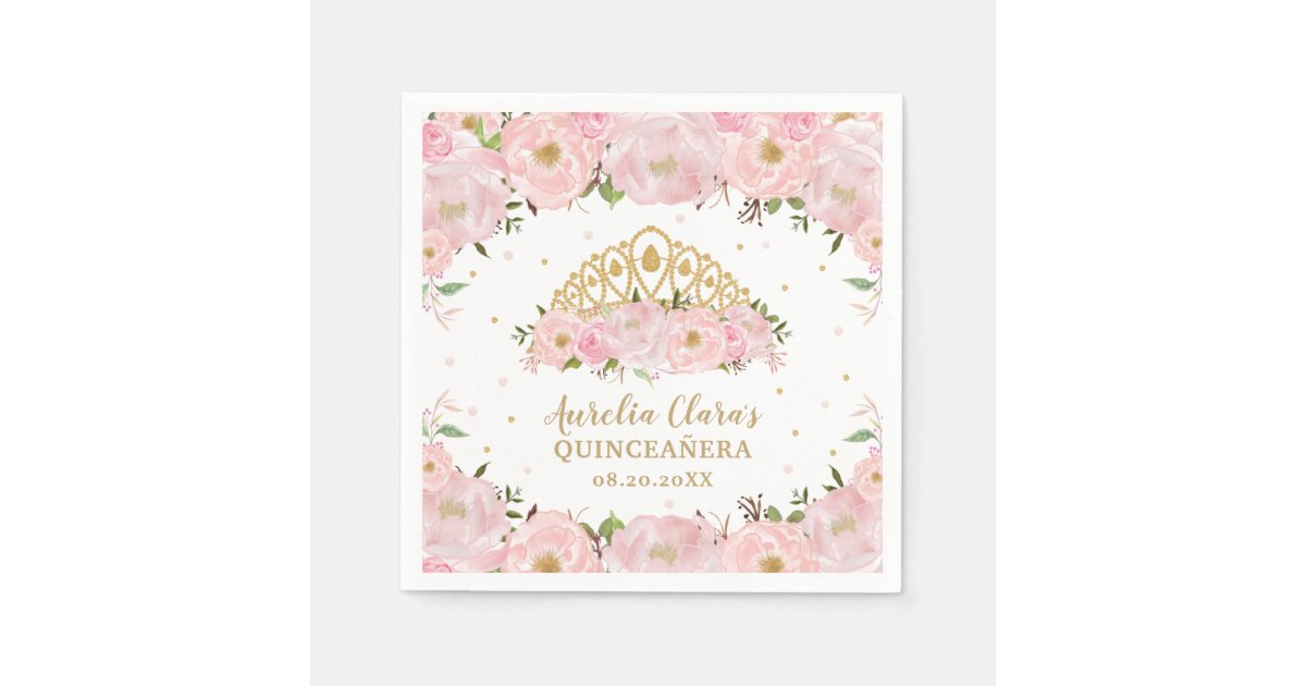 Blush Pink Floral Princess Tiara Crown QUINCEAÑERA Napkins | Zazzle