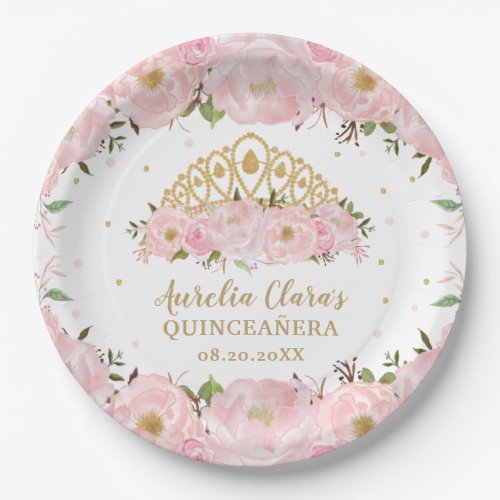 Blush Pink Floral Princess Tiara Crown QUINCEAERA Paper Plates