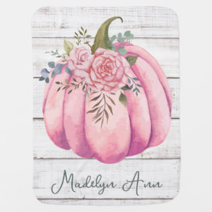 Blush Pink Floral Pumpkin Name Baby Girl Nursery Blanket