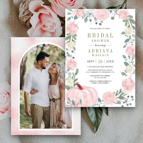 Blush Pink Floral Pumpkin Photo Bridal Shower Invitation