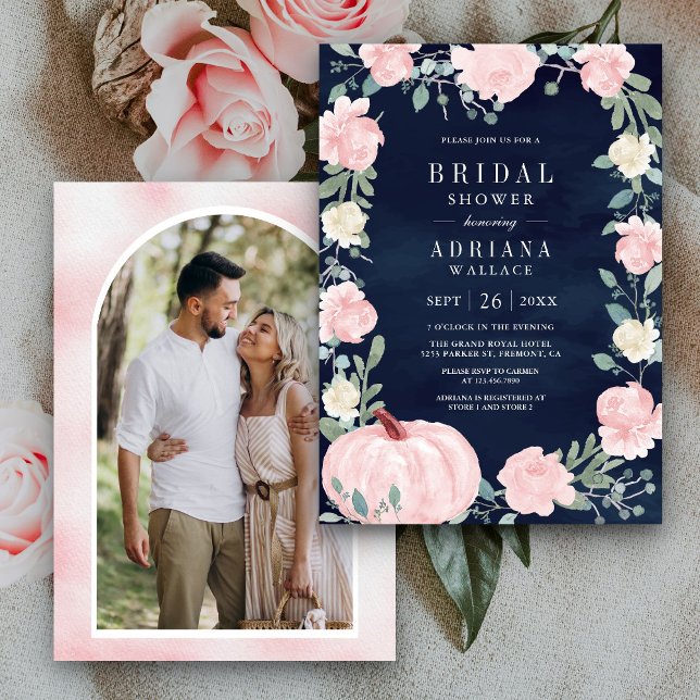 Blush Pink Floral Pumpkin Photo Navy Bridal Shower Invitation (Creator Uploaded)