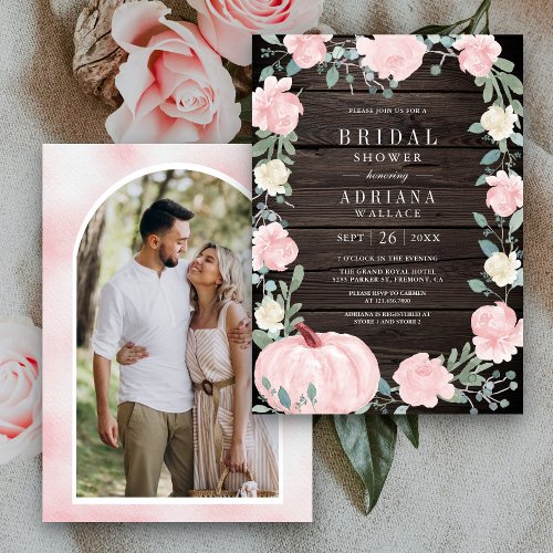 Blush Pink Floral Pumpkin Photo Wood Bridal Shower Invitation