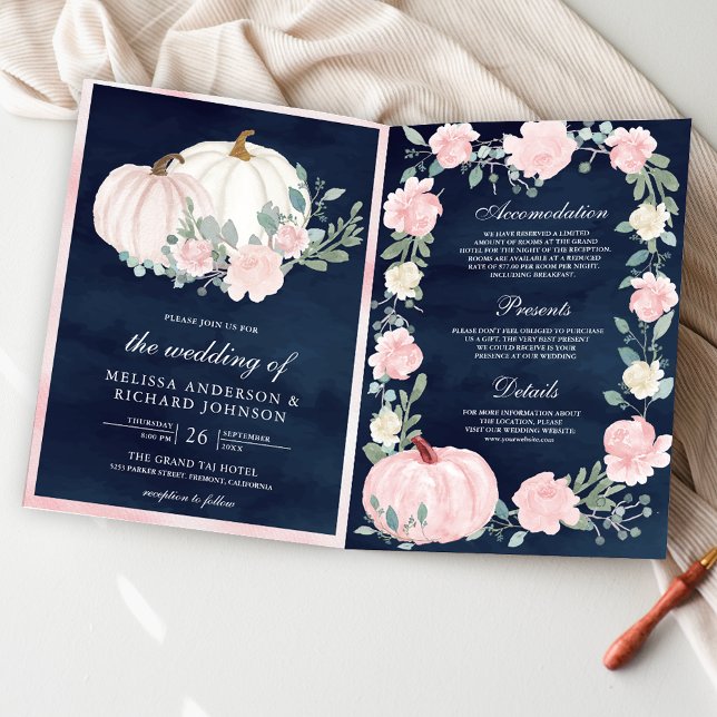 Blush Pink Floral Pumpkin QR Code Navy Wedding Invitation (Creator Uploaded)