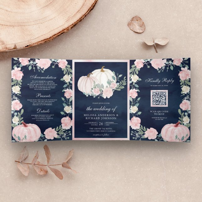 Blush Pink Floral Pumpkin QR Code Navy Wedding Tri-Fold Invitation (Creator Uploaded)