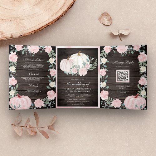 Blush Pink Floral Pumpkin QR Code Wood Wedding Tri_Fold Invitation