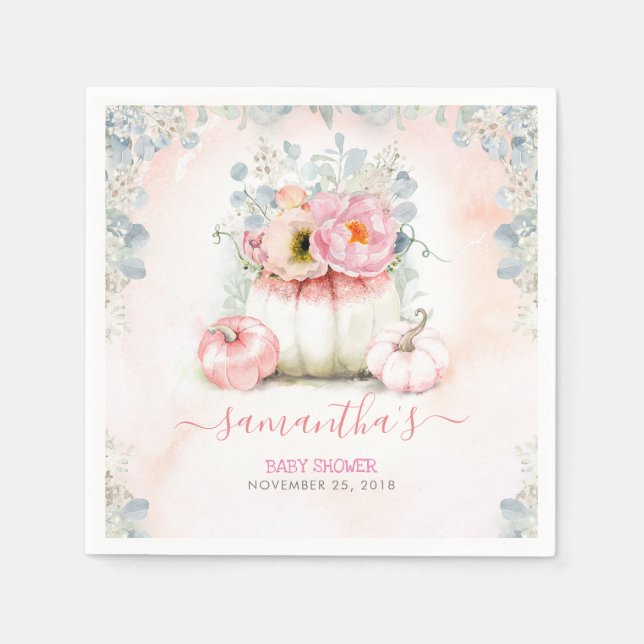 Blush Pink Floral Pumpkins Fall Baby Shower Napkins (Front)