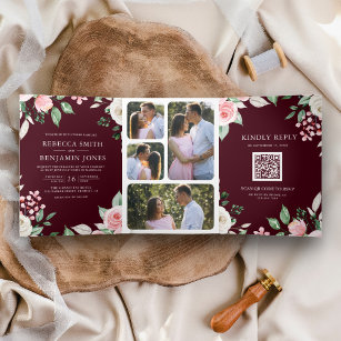 Blush Pink Floral QR Code Burgundy Wedding Tri-Fold Invitation