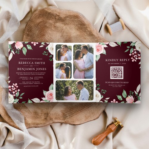 Blush Pink Floral QR Code Burgundy Wedding Tri_Fold Invitation