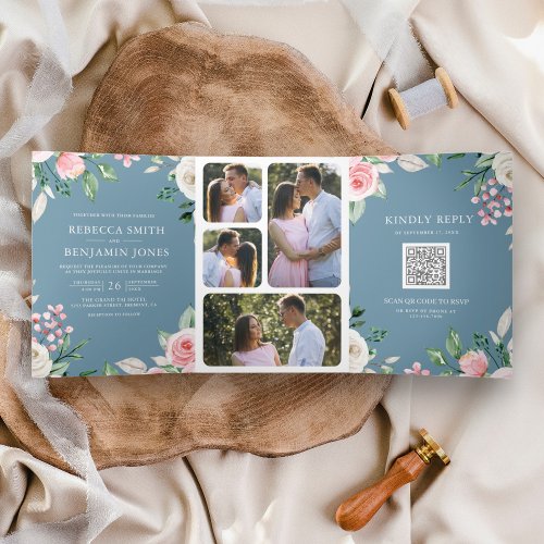 Blush Pink Floral QR Code Dusty Blue Wedding Tri_Fold Invitation