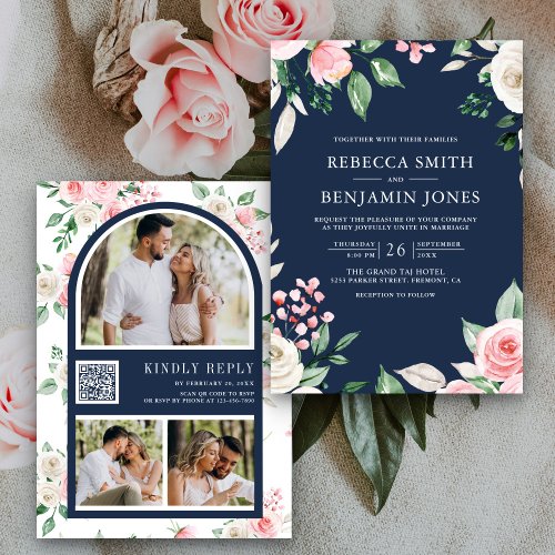 Blush Pink Floral QR Code Navy Blue Wedding Invitation
