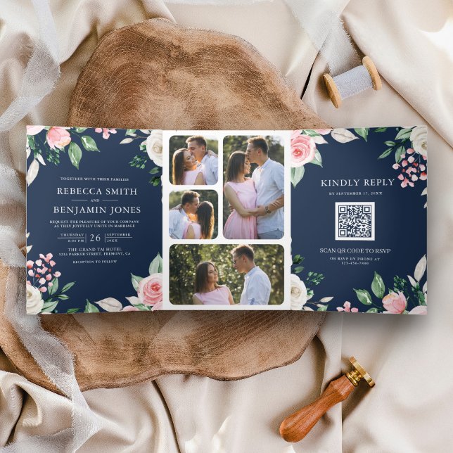 Blush Pink Floral QR Code Navy Blue Wedding Tri-Fold Invitation (Creator Uploaded)