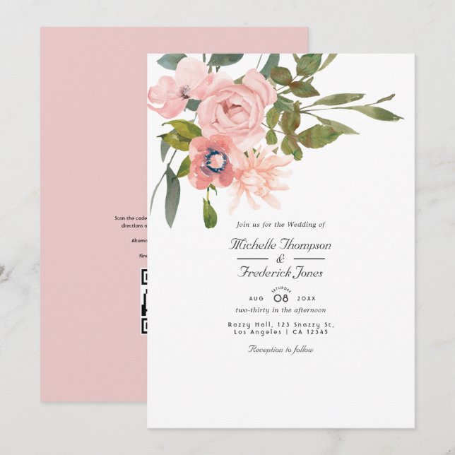 Blush Pink Floral QR Code RSVP Wedding Invitation (Front/Back)