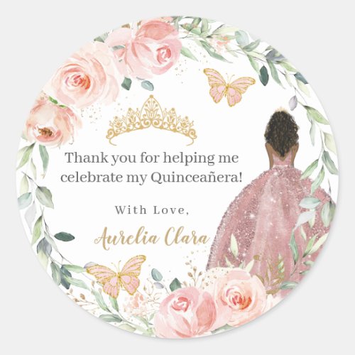 Blush Pink Floral Quinceaera Birthday Brown Girl Classic Round Sticker