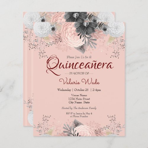 Blush Pink Floral Quinceanera Budget Invitations