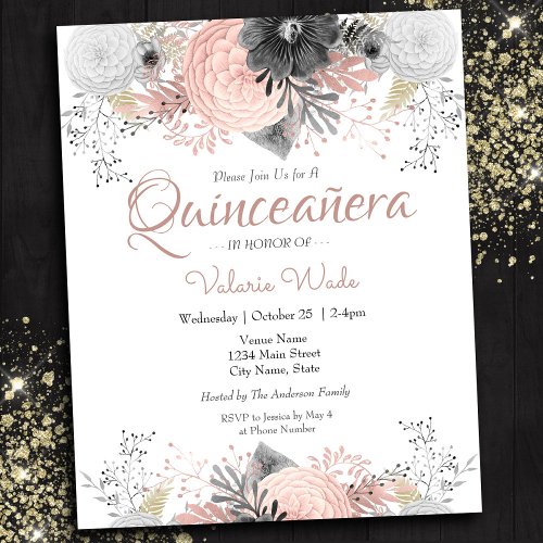 Blush Pink Floral Quinceanera Budget Invitations