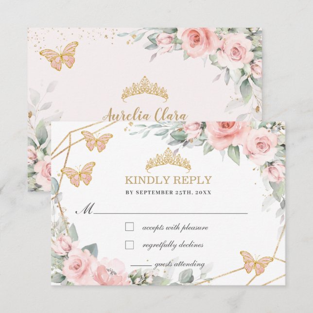 Blush Pink Floral Quinceañera Butterflies Reply  RSVP Card (Front/Back)