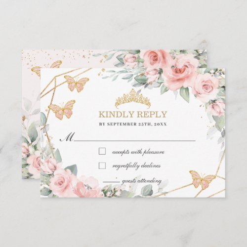 Blush Pink Floral Quinceaera Butterflies Reply  RSVP Card