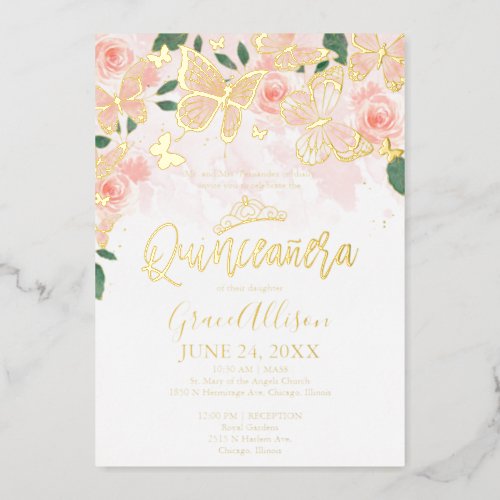 Blush Pink Floral Quinceanera Butterfly Gold  Foil Invitation