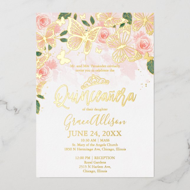 Blush Pink Floral Quinceanera Butterfly Gold  Foil Invitation (Front)