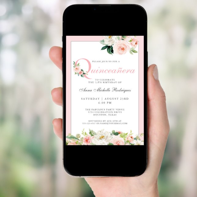 Blush Pink Floral Quinceanera Celebration Invitation (Front Digital)