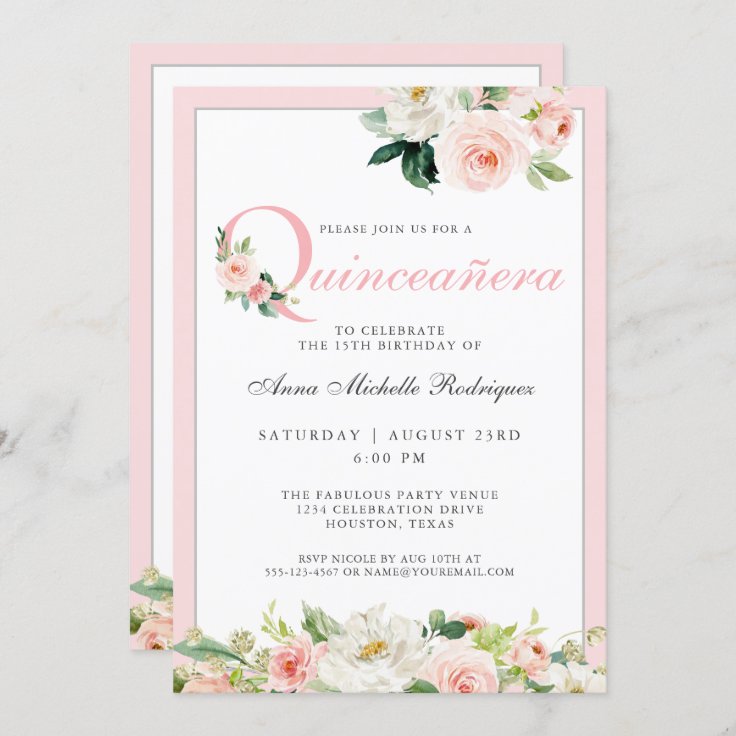 Blush Pink Floral Quinceanera Celebration Invitation | Zazzle