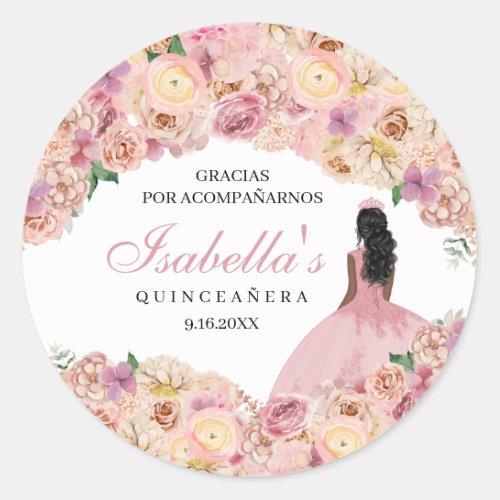 Blush Pink Floral Quinceanera Classic Round Sticke Classic Round Sticker