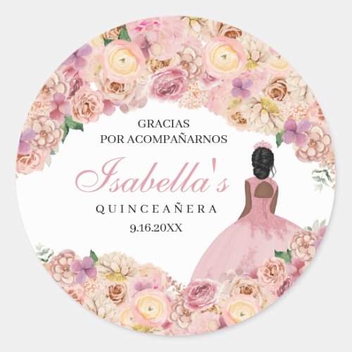 Blush Pink Floral Quinceanera Classic Round Sticke Classic Round Sticker