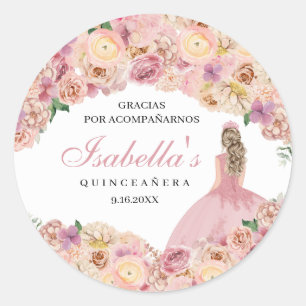 Blush Pink Floral Quinceanera Classic Round Sticke Classic Round Sticker