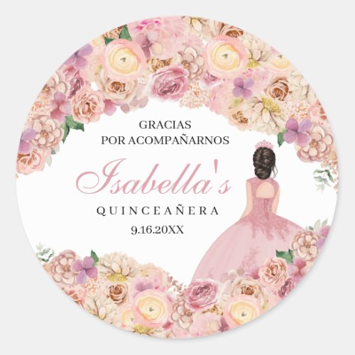 Blush Pink Floral Quinceanera Classic Round Sticke Classic Round Sticker