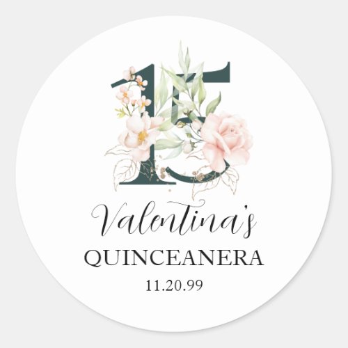 Blush Pink Floral Quinceanera Classic Round Sticker